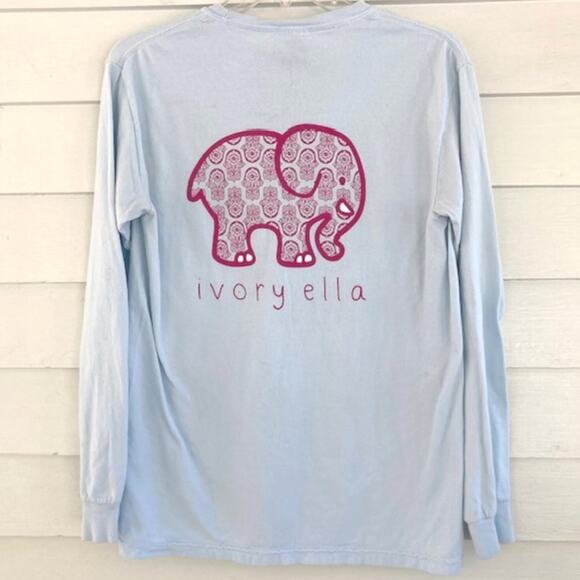 Ivory Ella Baby Blue & Pink Elephant Hamsa Evil Eye Design Pocketed T-Shirt S - Picture 1 of 5